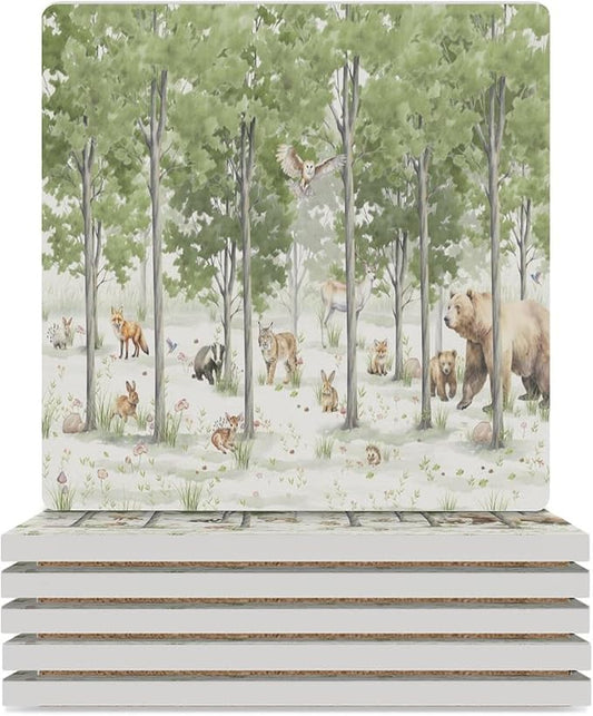 Square-6PCS Forest Ceramic Coasters, Square Absorbent Drink Coasters, Cartoon Forest Nature Animal Bear, Deer, Fox, Rabbit Style Ceramic Table Coasters for Coffee, Beverage, Wine, Beer Coasters