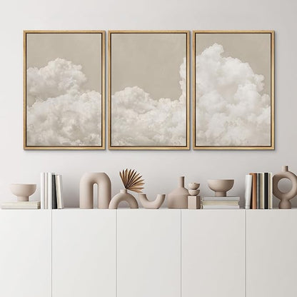MUDECOR Framed Wall Art Print Set Serene Sky Filled with Fluffy Clouds Illustrations Modern Art Decorative Colorful Chic for Living Room, Bedroom, Office - 24"x36"x3 Natural
