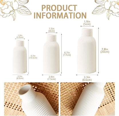 Bohemian White Ceramic Vase - for Pampas Grass, Mantel, Bookshelf, Entryway and Living Room Decor (White, Set of 3)