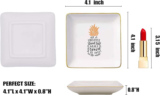 Be a Pineapple Stand Tall Wear a Crown – Ceramic Jewelry Holder Box Ring Dish Trinket Tray – Tropical Inspirational Gifts For Women Teen - Birthday Christmas Gifts for Women,Best Friends,Bestie