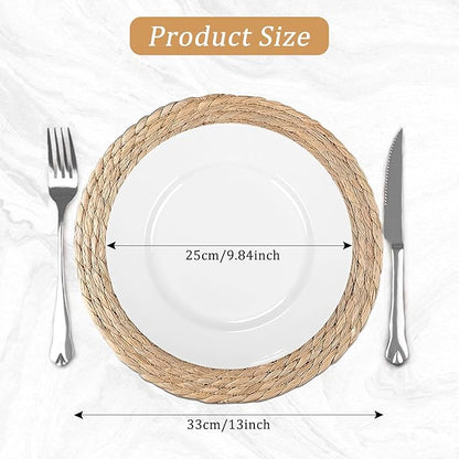 comfoyar Round Hand Woven Placemats Plate Chargers Set of 6, 13Inch Boho Natural Water Hyacinth Braided Place Mats, Heat Resistant Rustic Wicker Rattan Table Mats for Dining Table Farmhouse Decoration