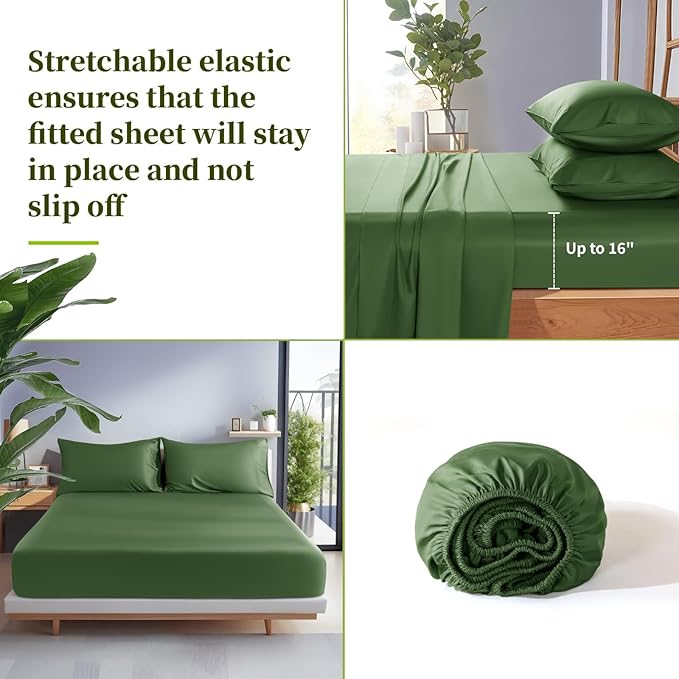 Shilucheng 100% Viscose Derived from Bamboo_ Sheets King Size 4pcs - Ultra Cooling & Silky Soft Bed Sheets, 16" Deep Pocket, Perfect for Hot Sleepers, Hotel Bedding Sheets (Olive)