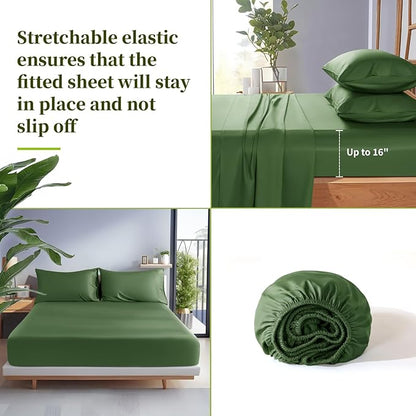 Shilucheng 100% Viscose Derived from Bamboo_ Sheets Queen Size 6pcs - Ultra Cooling & Silky Soft Bed Sheets, 16" Deep Pocket, Perfect for Hot Sleepers, Hotel Bedding Sheets (Olive)