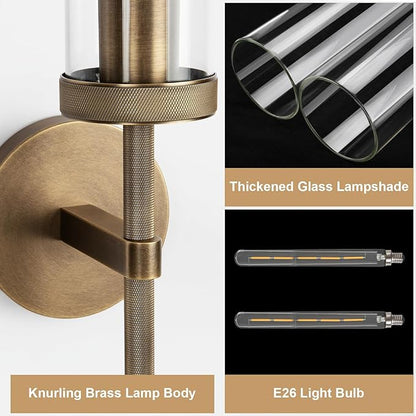 Bronze Wall Sconces with White Light, 19.48'' Brushed Brass Knurled Bathroom Sconces Wall Lighting Vanity Light with Clear Glass, Indoor Wall Mount Light for Living Room Mirror Bedroom Stairs