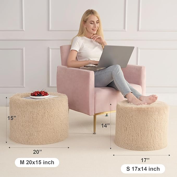 Hansleep Pouf Ottoman Foam Filled 20 x 15, Faux Fur Round Ottoman Foot Rest for Chair with Washable Cover, Foot Stools Under Desk for Living Room & Bedroom, Brown