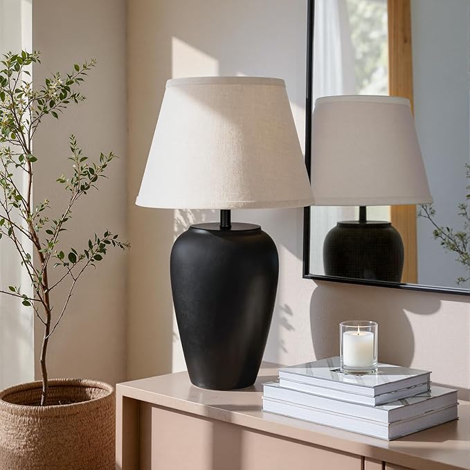 Ceramic Pot Table Lamp 21.25 inch Compact Frosted Nightstand Lamp, Tapered Fabric Shade Bedside, Ceramic Decorative for Living Room Bedroom House Office Entryway, TL3
