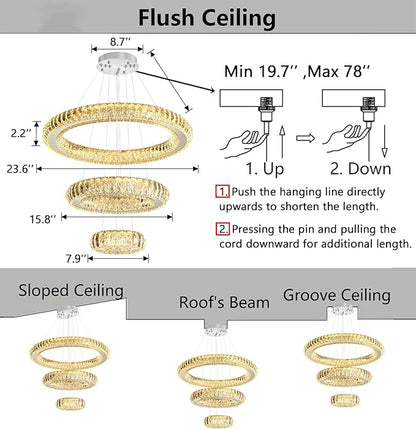 3 Rings LED Chandelier Modern Dimmable Dining Room Chanderliers Entryway Crystal Pendant Lights for Kitchen Bedroom Living Room Silver Light