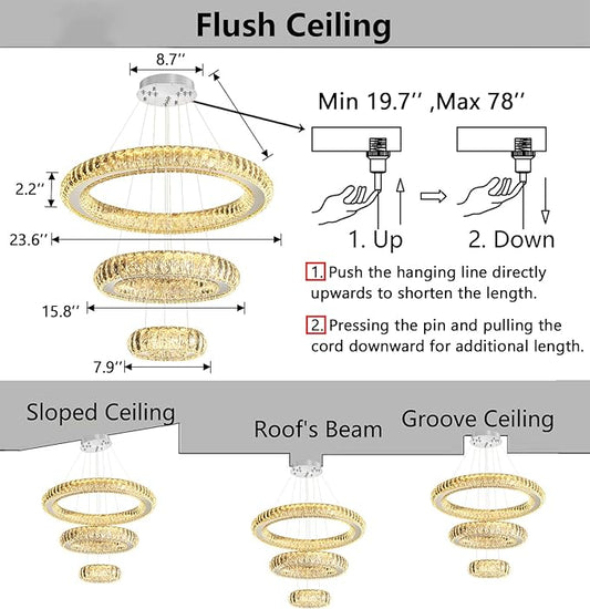 3 Rings LED Chandelier Modern Dimmable Dining Room Chanderliers Entryway Crystal Pendant Lights for Kitchen Bedroom Living Room Silver Light