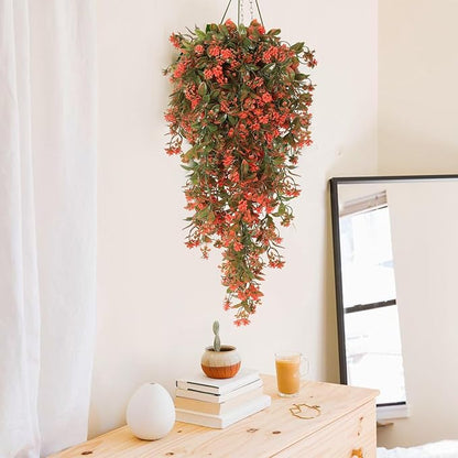 RECUTMS 2Pcs Fake Fall Plastic Outdoor Flowers Artificial Fall Hanging Plants Faux Greenery Vine Plant for Indoor Room Front Door Garden Porch Patio Wedding Party Decorations (Autumn Red)