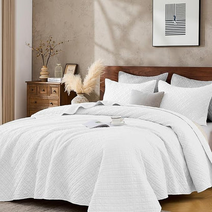 DOWN HOME Twin Quilt Set with Sham Lightweight Quilted Bedspread Coverlet Thin Comforter Bed Cover Vintage Washed Quilted Blanket for All Season, Brushed Microfiber Diamond Stitching, White, 66"x92"