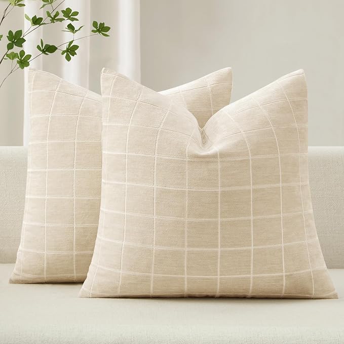 MIULEE Decorative Chenille Check Euro Shams Throw Pillow Covers Vintage Plaid Couch Pillows 26x26 Inch Set of 2 Neutral Boho Farmhouse Cushion Covers Spring Decor for Sofa Bed Living Room Beige