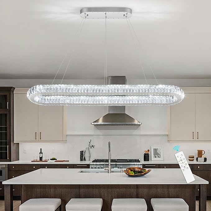 LED Oval Ring Chandelier Crystal Pendant Lighting for Dining Table Kitchen Island Remote Dimmable Hanging Light Chandeliers for Entryway Living Room Lights Silver