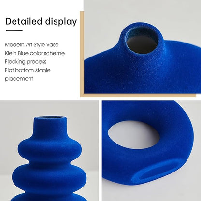 Ceramic Navy Blue Vase Set of 3, Small Flower Vases for Pampas Grass, Modern Boho Vase for Decor, Flocked Navy Blue Round Vases Centerpieces for Wedding Living Room Bedroom Coffee Table Entryway Table