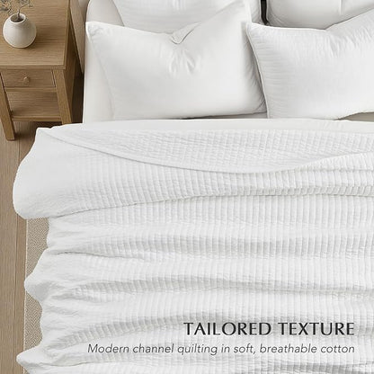 EVERGRACEHOME Cotton Sateen Quilt Set Queen Size, Pre-Washed Cotton Channel Stitch Coverlet Bedspread, 3 Pieces Lightweight Soft Bedding Sets for All Season, with 2 Pillow Shams, Bright White