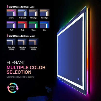 LOAAO 48"X32" LED Bathroom Mirror with Lights, Anti-Fog, Dimmable, RGB Backlit + Front Lighted, Bathroom Vanity Mirror for Wall, Memory Function