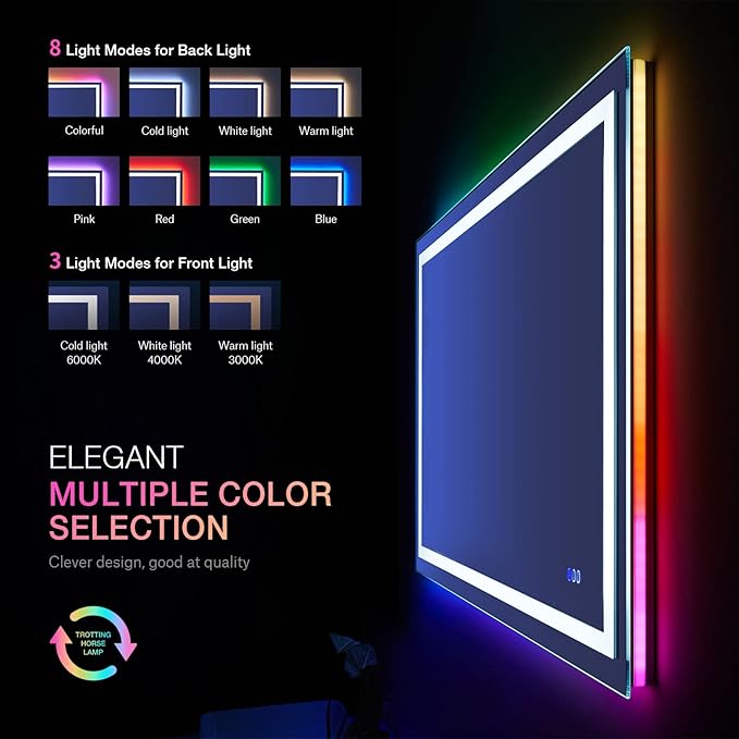 LOAAO 40”X30“ RGB LED Bathroom Mirror with Lights for Bathroom, Anti-Fog, Dimmable，Multiple Light Modes, RGB Backlit + Front Light, Memory Function, Tempered Glass