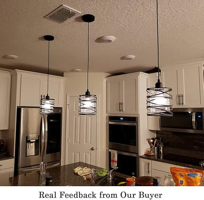 Modern Mini Pendant Light Fixture 3-Pack Kitchen Island Pendant Lighting 6.3''Matte Black Spiral Cage Handblown Clear Seeded Glass Shade Adjustable Cord for Dining Room