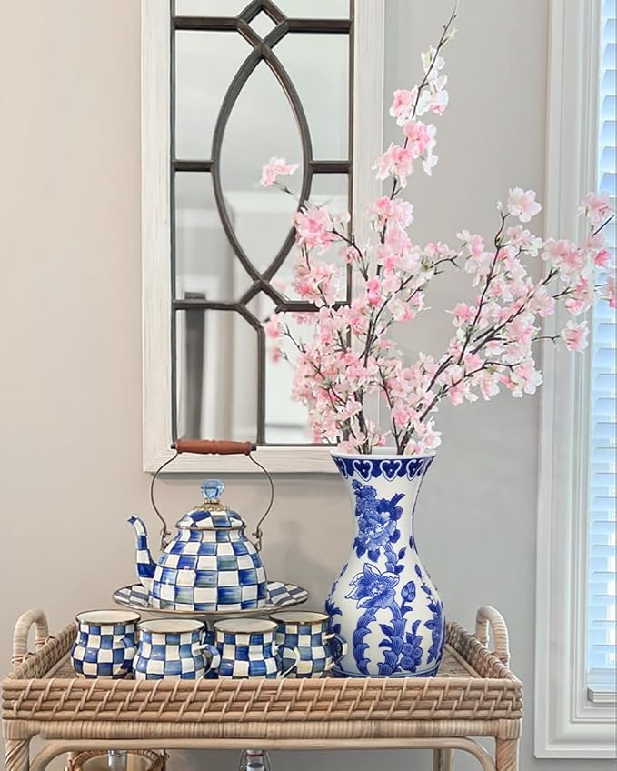 Blue and White Ceramic Vase, 11 Inch Tall Flower Vase in Floral Pattern, Large Retro Chinoiserie Vase Decor Side Table Centerpiece Living Room Bookshelf, Antique Grand Millennial Decor