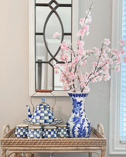 Blue and White Ceramic Vase, 11 Inch Tall Flower Vase in Floral Pattern, Large Retro Chinoiserie Vase Decor Side Table Centerpiece Living Room Bookshelf, Antique Grand Millennial Decor