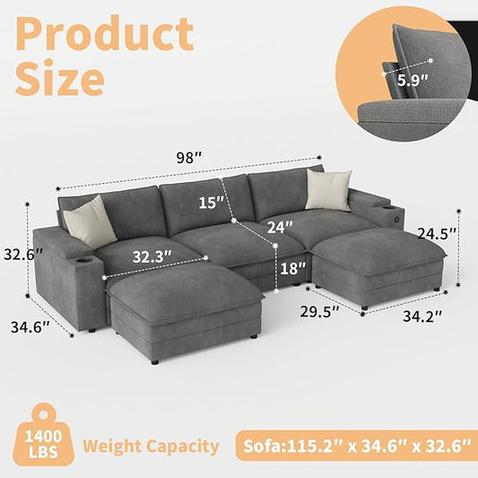 115" U Shaped Cloud Sofa Couch with Ottoman, Storage Armrest, Cup Holders, USB & Type-C Ports, Spring Cushions, Solid Wood Frame, Chenille Modular Sectional for Living Room (Dark Gray-U-115.2")