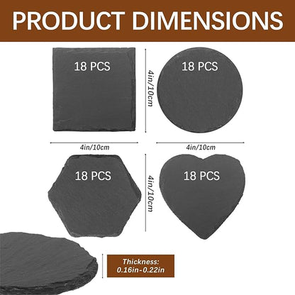 72 Pcs Slate Coasters for Laser Engraving Blanks Slate Coasters Bulk for Engraving Black 4 Inch Blank Laser Engraving, Hand Painted, Scratch Resistant Bottom Square+Round+Heart+Hexagon