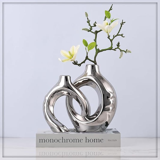 Silver Home Decor Ceramic Vase, Round Vase with Holes Set of 2, Suitable for Wedding Entrance Decoration, Bookshelf, Mantel, Unique Home Decor (Silver)