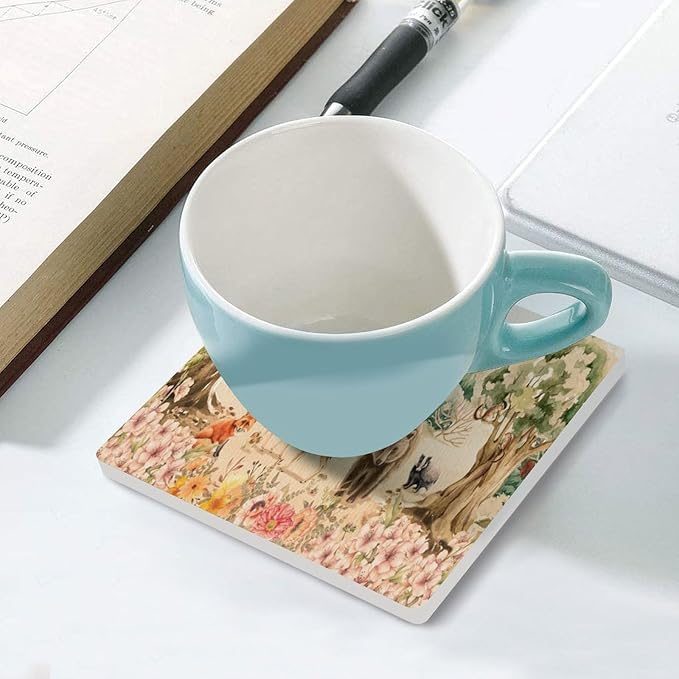 Forest Drink Coasters, Square Ceramic Drink Coaster 6PCS, Retro Mountain Forest Nature Tree Woodland Flower Animal Bear, Deer Decor Absorbent Ceramic Coasters for Beverage Cup, Bar, Coffee Table