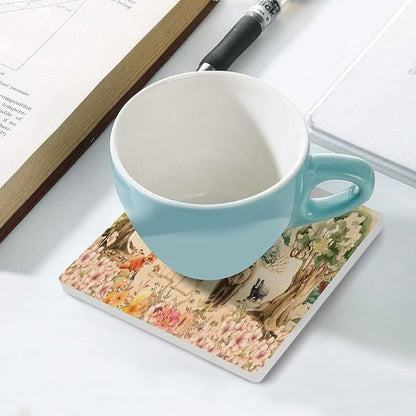 Forest Drink Coasters, Square Ceramic Drink Coaster 6PCS, Retro Mountain Forest Nature Tree Woodland Flower Animal Bear, Deer Decor Absorbent Ceramic Coasters for Beverage Cup, Bar, Coffee Table