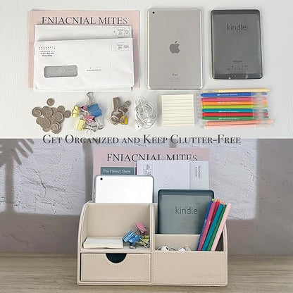 UnionBasic Desk Organizer - Multifunctional Leather Desktop Pen Holder Storage Box - Business Card/Pen/Pencil/Mobile Phone/Stationery Holder, Beige Revised