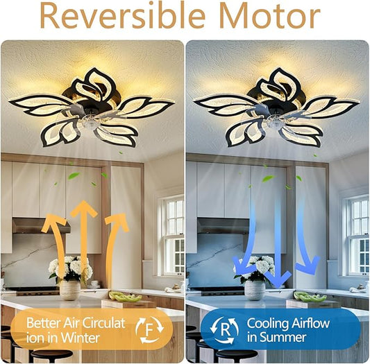 25" Black Geometric Ceiling Fan with Lights and Remote Control, 3 Light Color 6 Speeds Flush Mount Low Profile Ceiling Fan for Bedroom Kitchen