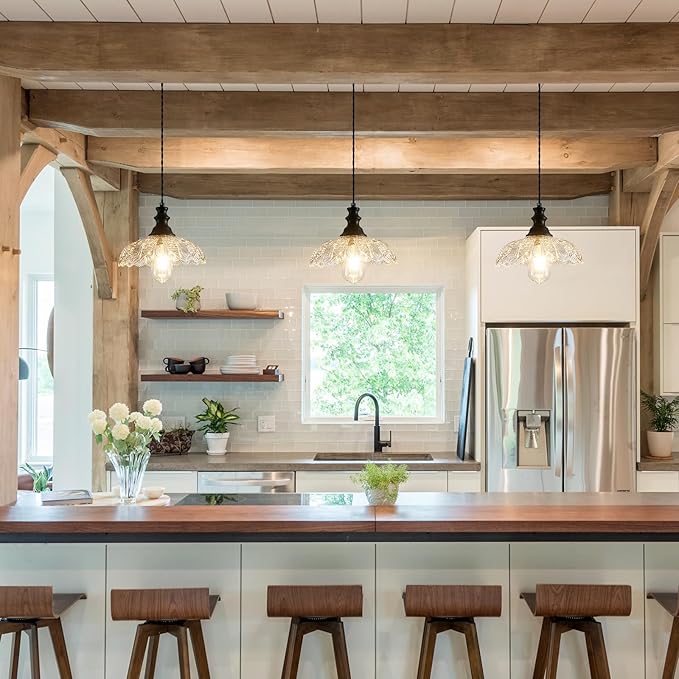 1-Light Pendant Light with Black Metal Glass Shade and Adjustable Cord Industrial Ceiling Hanging Light for Kitchen Island Bar Dining Room Bedroom Foyer Hallway Farmhouse