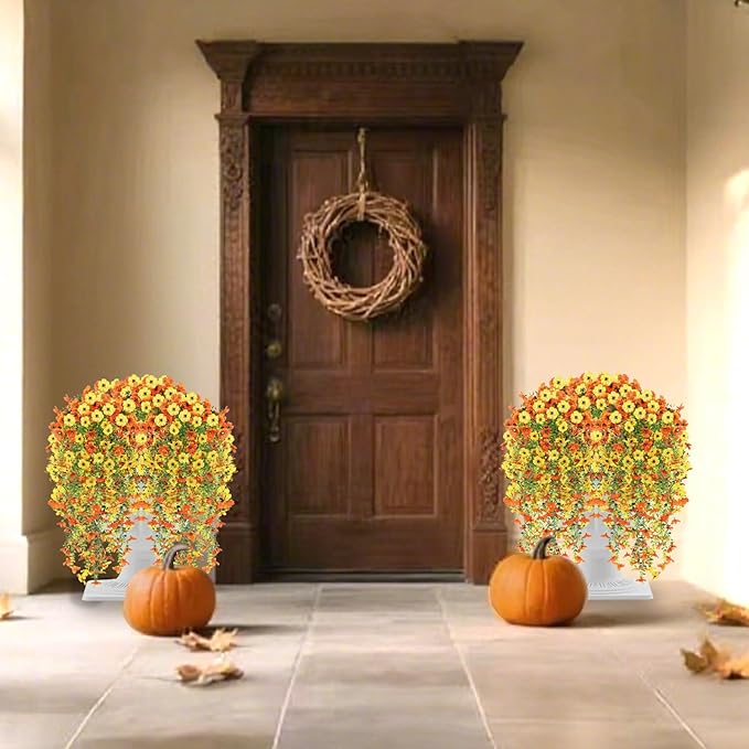 Artificial Fake Hanging Flowers Plants for Outdoor Fall Decoration, 4PCS UV Resistant Look Real Trailing Vines for Outside Home Planter Porch Patio Mums Autumn Decor(Orange&Yellow)