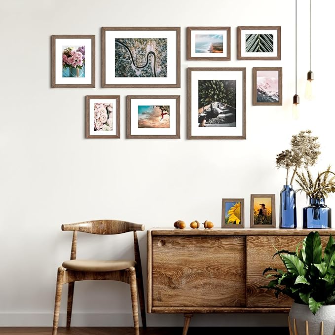 KINLINK 12x16 Picture Frame Brown Wood, Solid Wood Frames with Acrylic Plexiglass for Pictures 11x14/9x12 with Mat or 12x16 without Mat,Wall Display Photo Frame, Set of 4