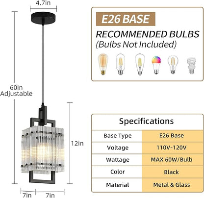 Modern Pendant Light Fixtures with Clear Glass Matte Black Pendant Lights Kitchen Island Adjustable Square Hanging Pendant Lighting for Dining Room Over Sink Hallway 2 Pack 12 inches