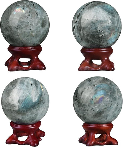 moonsix Natural Labradorite Crystal Sphere with Resin Stand Healing Energy Stone Decorative Ball Sculpture for Home Office Tabletop, 41-50 mm