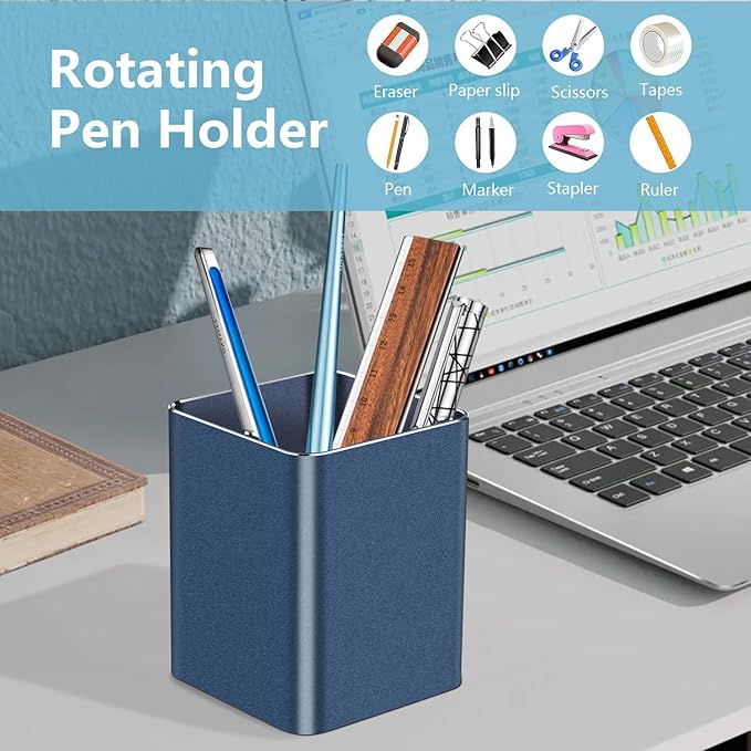 Pen holder,square pen cup, Metal pen pencil holder, desktop pencil cup stationery organization office desktop accessories, suitable for office, school, home and stationery supplies. (blue)