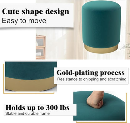 DAGONHIL Modern Round Pink Velvet Ottoman,Upholstered Floor Stools with Gold Plating Base,Accent Makeup Stool for Living Room,Bedroom and Kids Room,Pack of 1(Blue Green)