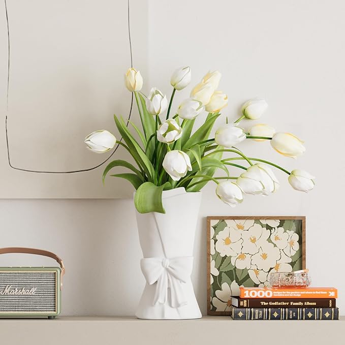 White Ceramic Bow Vase Unique Cute Decorative Bouquet Flower Vases 9.64 in Valentine's Day Decor Vase