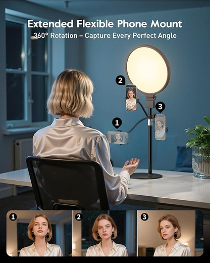 2300 Lumens Ring Light with Stand for Desk, Computer & Laptop – Podcast & Streaming Light with Flexible Phone Holder, CRI 98+ Bright Yet Soft Influencer Light for Video Recording, Conference & Calls