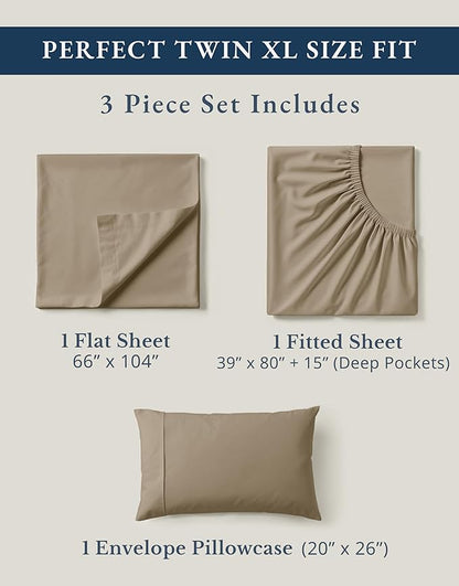 LANE LINEN 100% Organic Cotton Twin XL Sheets Set, Fully Elasticized Bed Sheets Set Twin XL Size Perfetct for Hospital beds, Deep Pocket Soft & Comfy Sheets Set Twin XL Size-Taupe