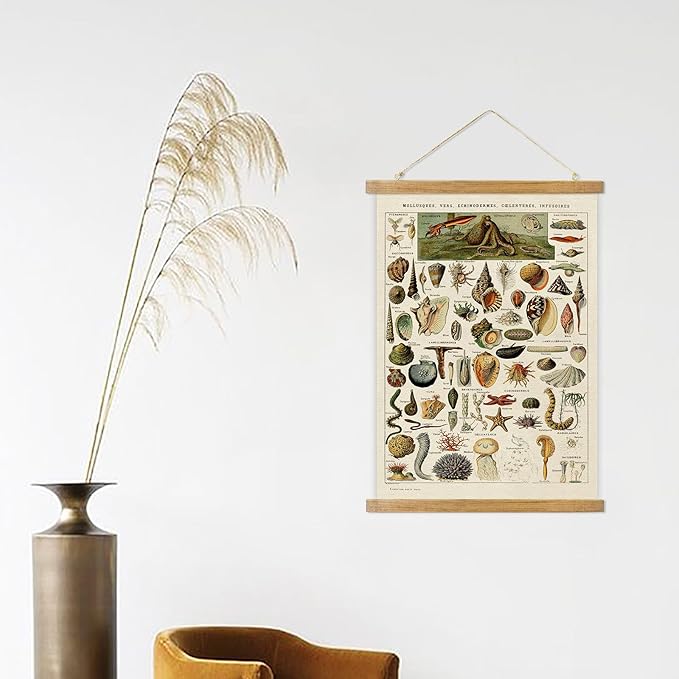 ABoby Vintage Hanging Posters, Decorative Crustaces Wall Art Prints, Printed on Linen with Wood Frames, Ready to Hang