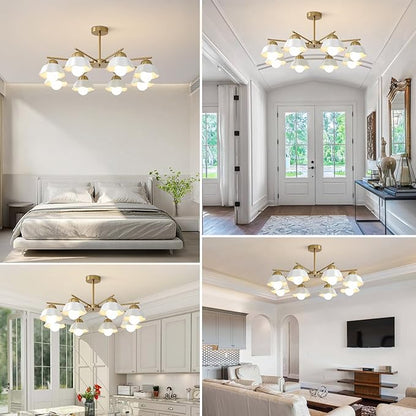 8 Lights Gold Sputnik Chandelier Light Fixture Large Mid Century Modern Milk Glass Sputnik Ceiling Lighting Fixtures Nordic Semi Flush Mount Ceiling Light Fixture for Living Room MCL08-8 GD