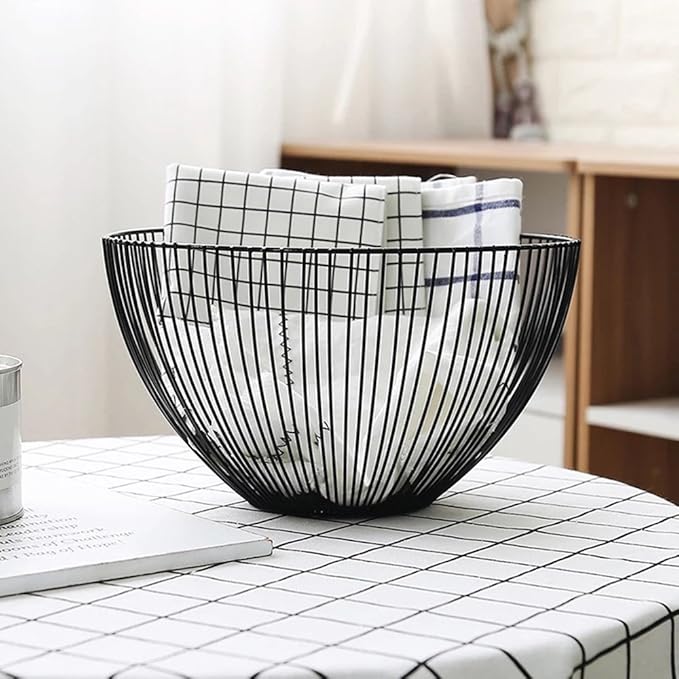 Metal Wire Fruit Basket, Black Fruit Vegetable Bowl for Kitchen Counter, Round Produce Storage Basket for Veggie Snack (Round A)