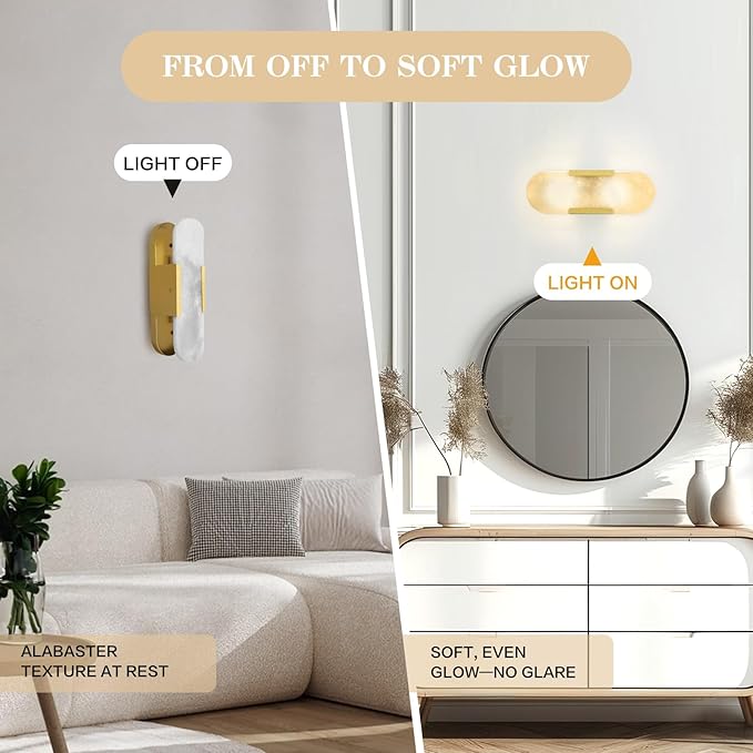 13.8" Brass Alabaster Wall Sconces, Hardwired Indoor Lights, Natural Alabaster Stone Shade, Modern Oval Vanity Lighting for Bedroom, Bathroom, Hallway, Stairs