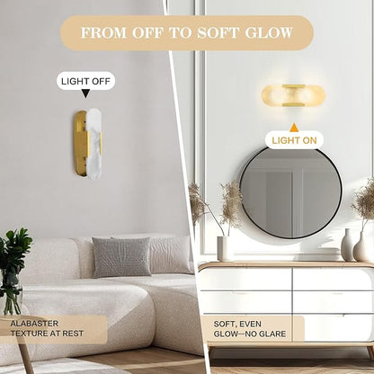 13.8" Brass Alabaster Wall Sconces, Hardwired Indoor Lights, Natural Alabaster Stone Shade, Modern Oval Vanity Lighting for Bedroom, Bathroom, Hallway, Stairs