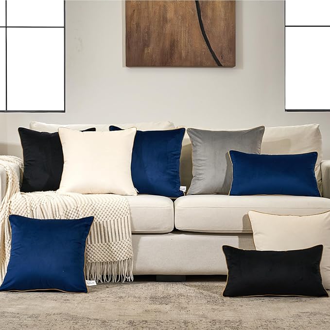Aeckself Pack of 2 Pure Black Velvet Pillow Covers 24 x 24 Inch, Large Modern Luxury Decorative Pillowcase with Gold Trim Edge, Comfortable Soft Solid Cushion Case for Couch Bedroom Living Room