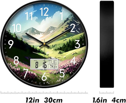 Digital Large Display Silent Wall Clock with Temperature Date Mountain Flowers Modern Non-ticking Battery Operated Mount Clocks Bathroom Kitchen Clock Farmhouse Living Room Office Decor 12 Inch