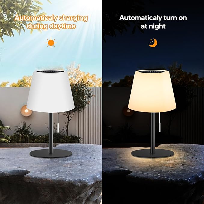 Solar Table Lamp for Outside Patio Solar Lamp Outdoor Lamp Waterproof with Light Sensor,Dimmable Warm White+RGB LED Rechargeable Lamps Cordless Battery Operated Table Lamp （Black）