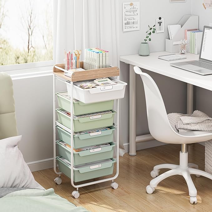 Rolling Storage Utility Cart With 6 Drawers,Art Supply Craft Organizer,Sewing Makeup Organizer And Storage,Office Organization Wooden Tabletop,Green