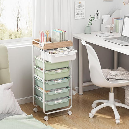 Rolling Storage Utility Cart With 6 Drawers,Art Supply Craft Organizer,Sewing Makeup Organizer And Storage,Office Organization Wooden Tabletop,Green